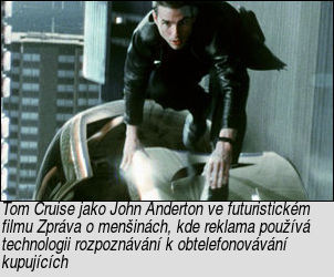 [Tom Cruise jako John Anderton ve futuristickém filmu Zpráva o menšinách, kde reklama používá technologii rozpoznávání k obtelefonovávání kupujících.]