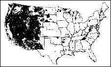 [mapa USA s vyznačenými rezervacemi]
